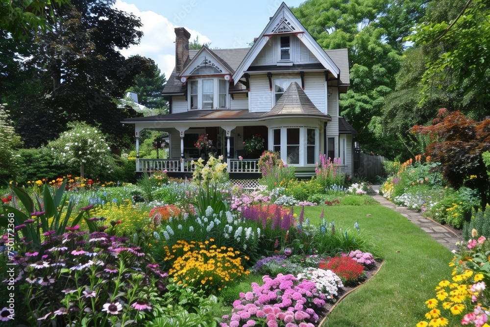 A large house with a beautiful garden in front of it