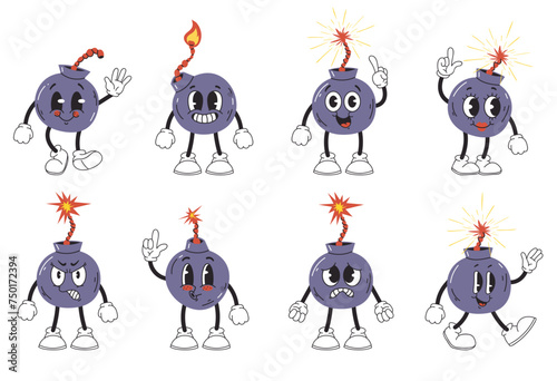 Retro style cartoon bomb characters isolated set. Vector graphic design illustration