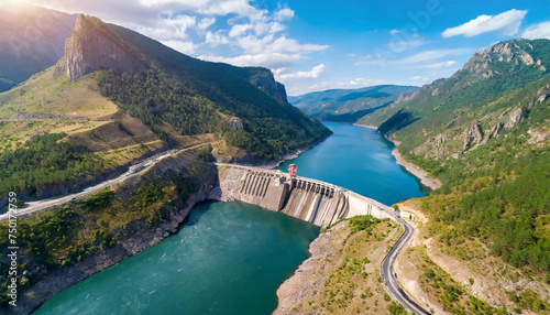 Hydroelectric power dam on a large river in mountains.