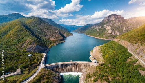 Hydroelectric power dam on a large river in mountains.