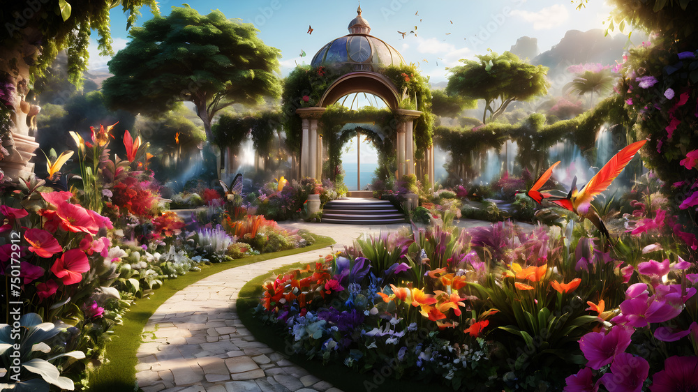 Wander through a magical garden where oversized flowers in every shade of the rainbow bloom. Butterflies and hummingbirds flit about, adding to the enchantment of this vibrant floral paradise Wander through a magical garden where oversized flowers in every shade of the rainbow bloom. Butterflies and hummingbirds flit about, adding to the enchantment of this vibrant floral paradise