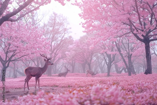 A deer is standing in a field of pink flowers