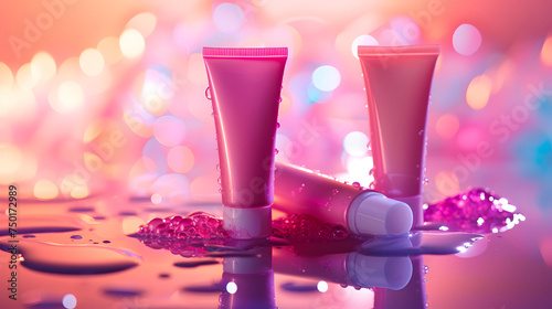 Vibrant Skincare Tubes with Water Droplets on Glossy Surface