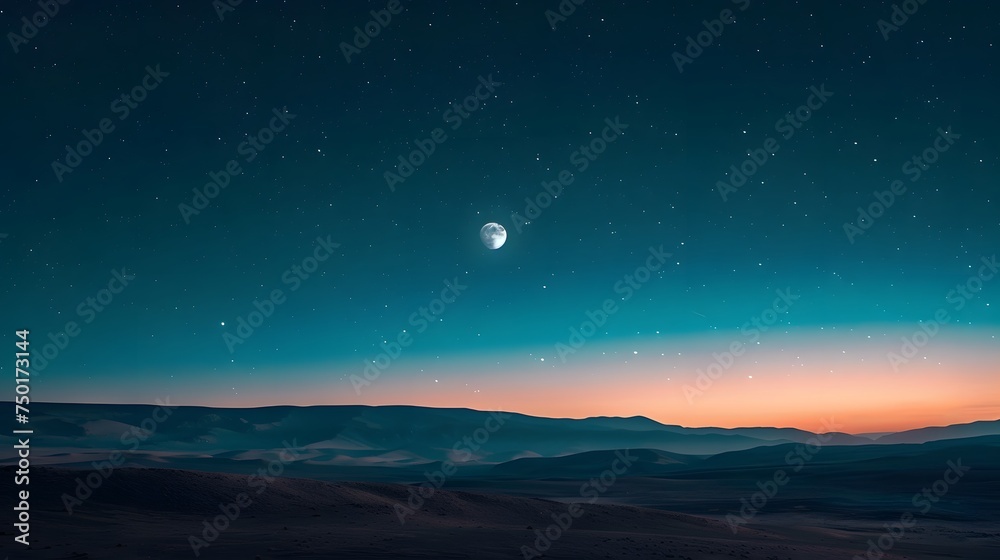 Starry Night Sky over Desert Landscape with Crescent Moon