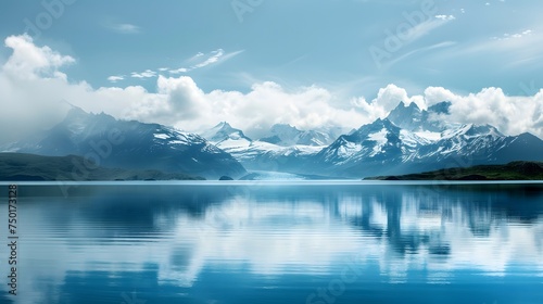 Serene Mountain Lake Landscape with Snow-Capped Peaks and Clouds