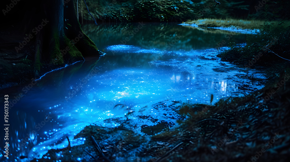 Enchanted Bioluminescent Pond in Forest at Night