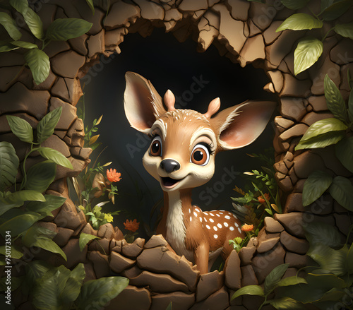 Illustration of a cute baby deer inside a hole in Jungle, Ai Generated © Mediapro