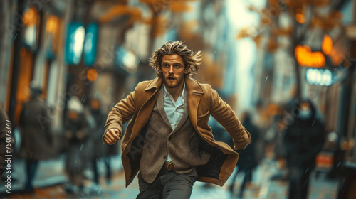 Man Running Down Street in Rain © olegganko