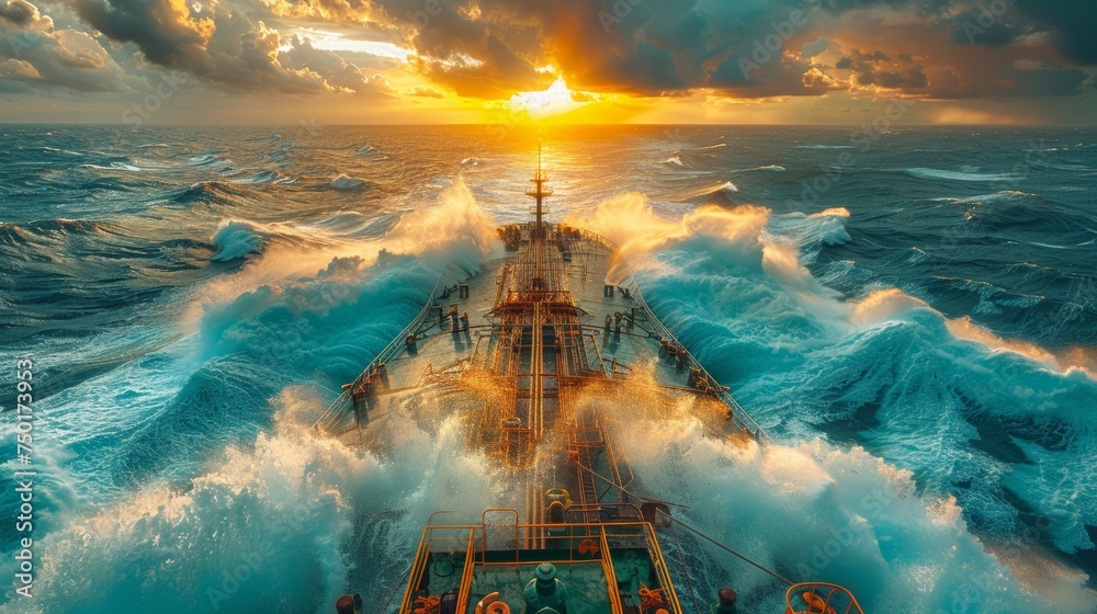 Large Ship Sails Across Vast Ocean - obrazy, fototapety, plakaty 