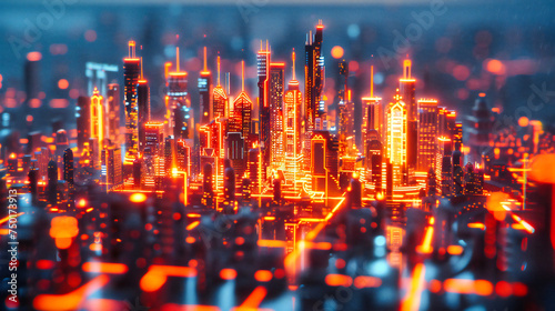 Digital skyscraper city with futuristic technology design  urban skyline with blue neon and wireless connections