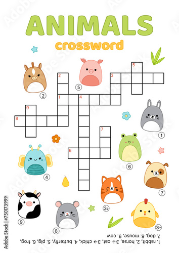 Crossword with farm animals. English words. Educational puzzle game for kids. Cartoon, vector