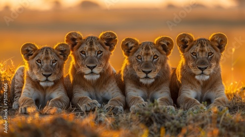 Three Lions Sitting in Grass Field
