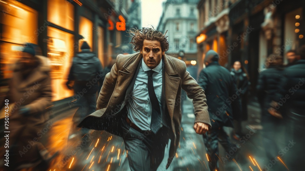 Man Running Down Street in Rain