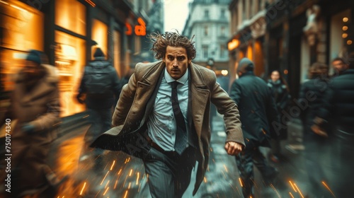 Man Running Down Street in Rain