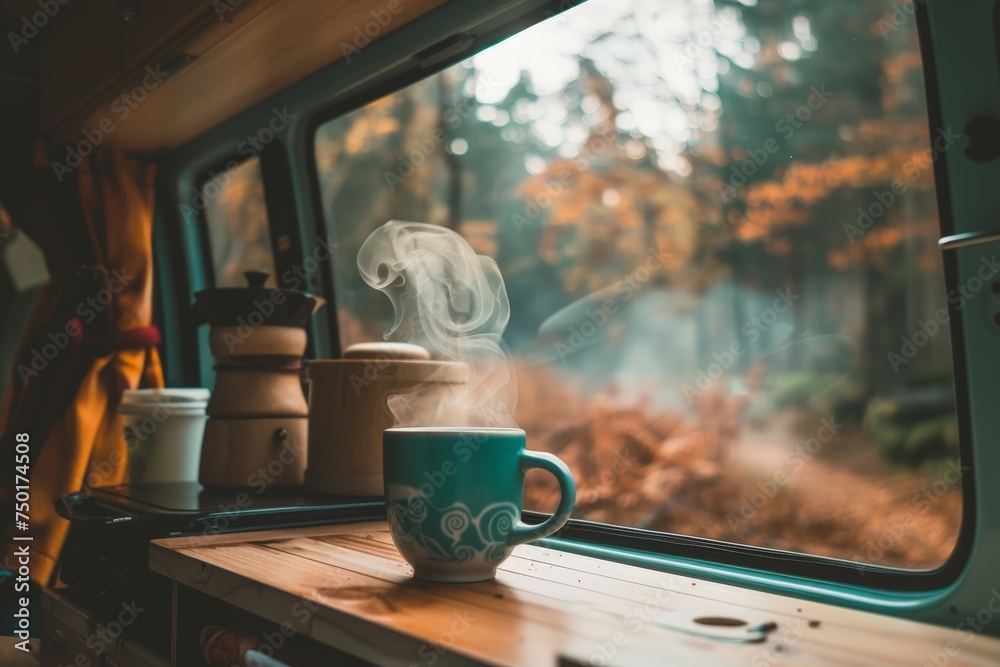 A cup of coffee is sitting on a wooden table in a van - obrazy, fototapety, plakaty 