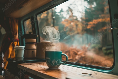 A cup of coffee is sitting on a wooden table in a van