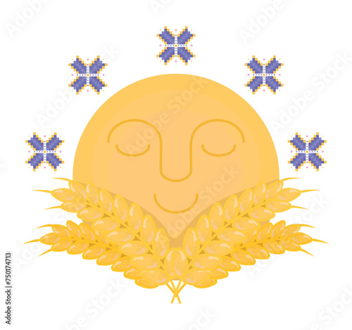 Ears of wheat, embroidery flowers and cute sun, vector Ukrainian print in yellow and blue colors