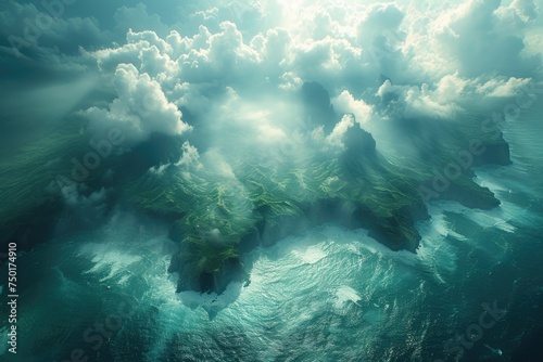 A serene aerial landscape reveals the harmonious dance between clouds and water  with a majestic mountain rising above a colorful reef and the endless expanse of the sky above