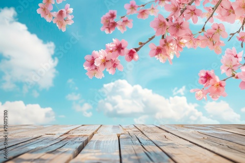 A beautiful blue sky with a few clouds and a pink tree with pink flowers