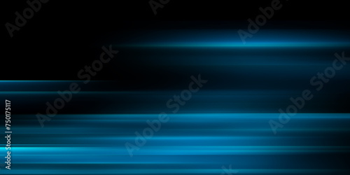 Blur fluorescent light. Futuristic rays. Cyber glare. De focused neon ultraviolet navy blue color laser beam flare motion on dark black modern abstract background.