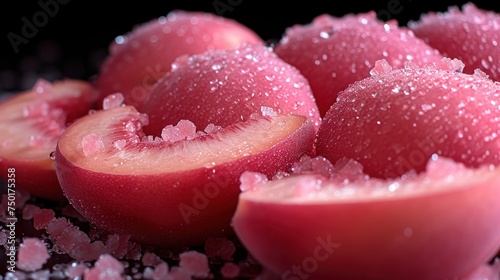 a close up of a sliced fruit with water droplets on the top of it and on the bottom of the fruit and on the bottom of the fruit is water droplets on the top of the fruit.