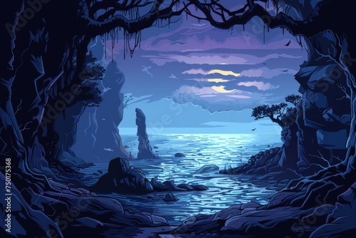 A dark and mysterious forest with a body of water in the background
