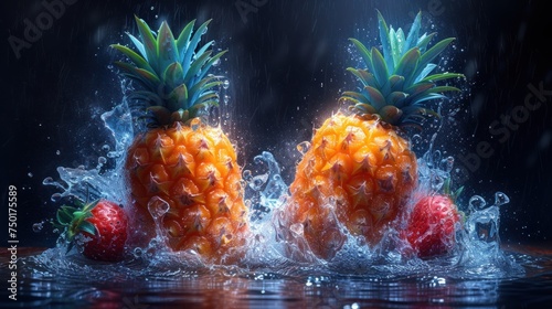  two pineapples splashing into the water with strawberries on the side of the water and a strawberry on the other side of the other side of the water.
