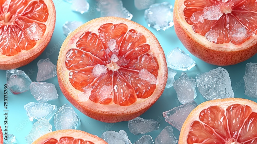 a group of grapefruits sitting on top of ice cubes on a blue surface with one cut in half and a whole grapefruit in the middle. a group of grapefruits sitting on top of ice cubes on a blue surface with one cut in half and a whole grapefruit in the middle.
