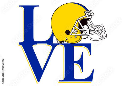 Love - word- Yellow and blue football player helmet, sport vector graphics, hockey, for websites, greetings, banners, cards,, t-shirt, sweatshirt, prints, cricut, silhouette,	