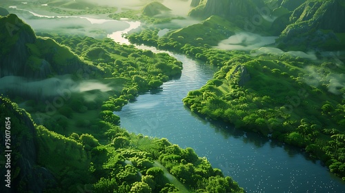 A crystal-clear river winding through a lush green landscape, highlighting the beauty of clean water sources © Color Crafts