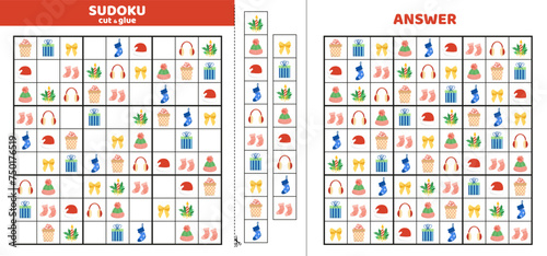 Sudoku for kids with nine Christmas elements. Sudoku for kids. Cut and glue. Cartoon