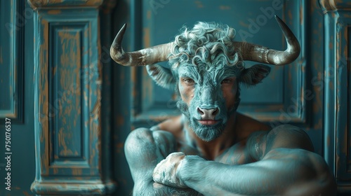 Bull with big horns with humanlike muscular body.