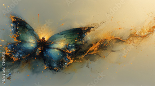  a painting of a blue and yellow butterfly with yellow streaks on it's wings and a black spot on the back of the butterfly's wings, and a yellow spot on the back of the top of the wing.