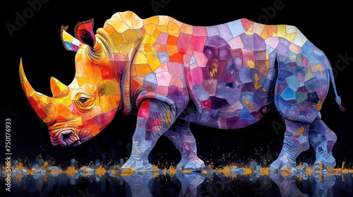  a painting of a rhinoceros is shown in a multicolored mosaic pattern on a black background with a reflection of the rhinoceros in the water. © Nadia