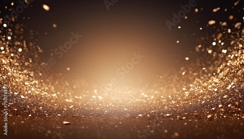 Glitter gold particles stage and light shine abstract background. Flickering particles with bokeh effect. Gold glow particle abstract bokeh background.