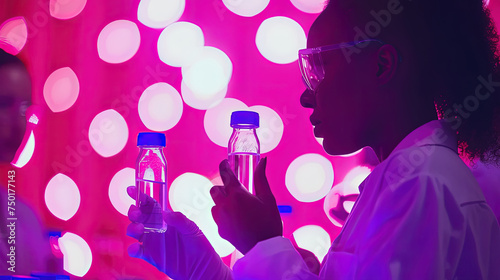 A woman in a lab coat holding a bottle of water