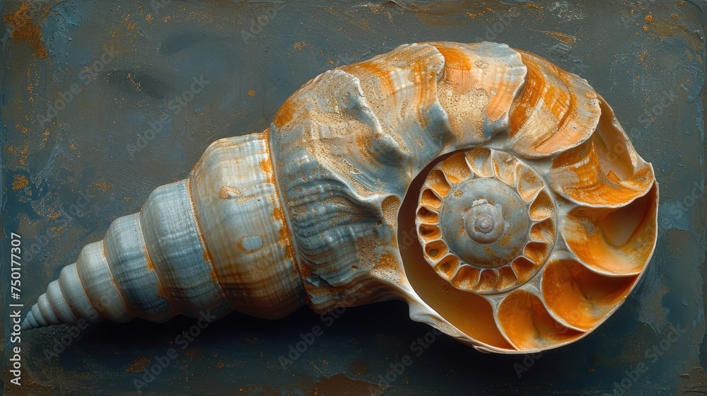 a close up of a sea shell on a blue and rusted surface with water droplets on the bottom of the shell and the top of it's shell. a close up of a sea shell on a blue and rusted surface with water droplets on the bottom of the shell and the top of it's shell.