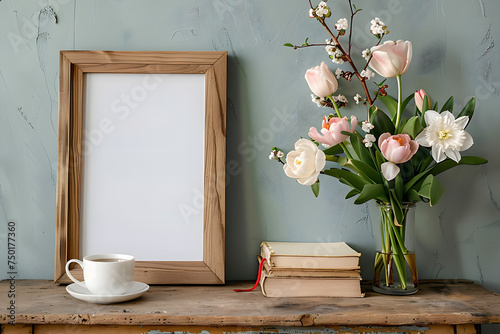 Easter breakfast still life. Blank picture frame mockup. Wooden bench, table composition with cup of coffee, old books. Spring bouquet of pink tulips, white daffodils. Hawthorn, guelder rose flowers. photo