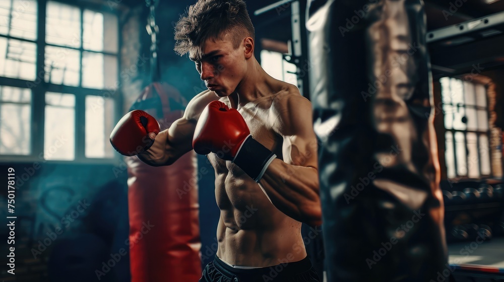 The young man workout a kick on the punching bag in gym.