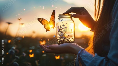 The girl frees the butterfly from the jar, golden blue moment Concept of freedom © buraratn