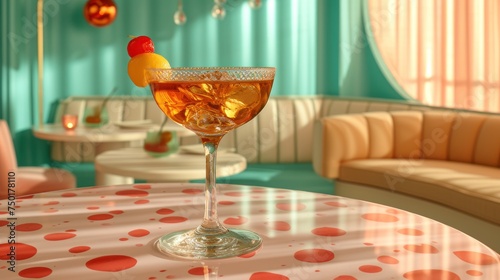  a glass filled with a drink sitting on top of a table in front of a couch and a table with a polka dot table cloth covered table cloth on it. © Nadia
