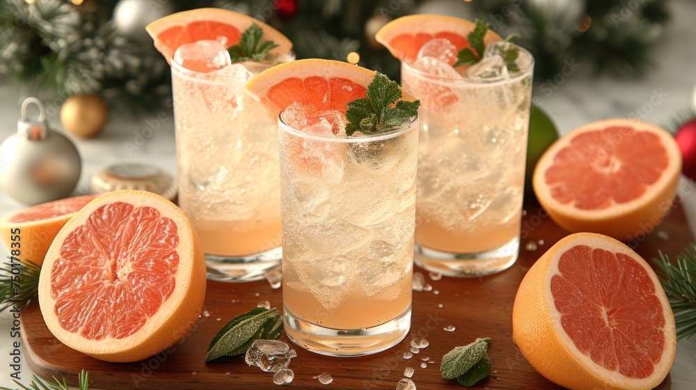 a wooden tray topped with two glasses filled with ice and grapefruit next to slices of grapefruit on top of a wooden tray next to a christmas tree. a wooden tray topped with two glasses filled with ice and grapefruit next to slices of grapefruit on top of a wooden tray next to a christmas tree.