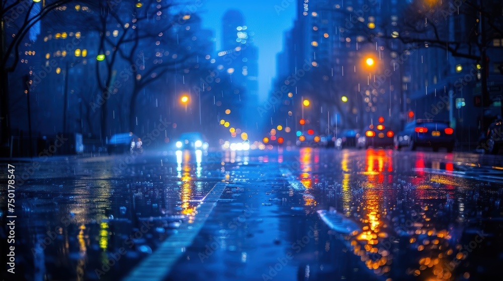  a city street at night with a lot of traffic on the street and a lot of lights on the buildings and street lamps on the side of the street with rain.
