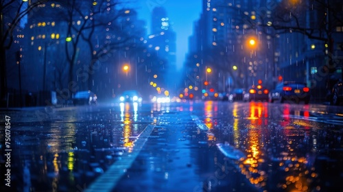  a city street at night with a lot of traffic on the street and a lot of lights on the buildings and street lamps on the side of the street with rain.