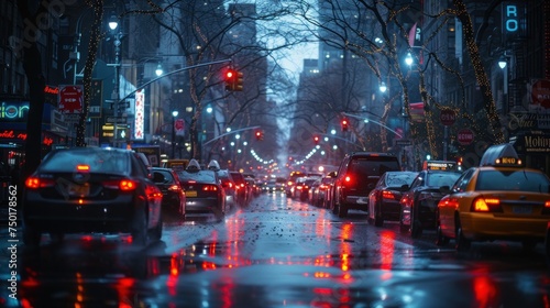  a city street filled with lots of traffic next to tall buildings with traffic lights on each side of the street and a red traffic light in the middle of the middle of the street.