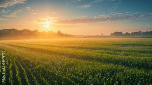 An early morning farmer's field, dew on crops, sunrise casting a golden glow, tranquil and fertile landscape. Resplendent. © Summit Art Creations
