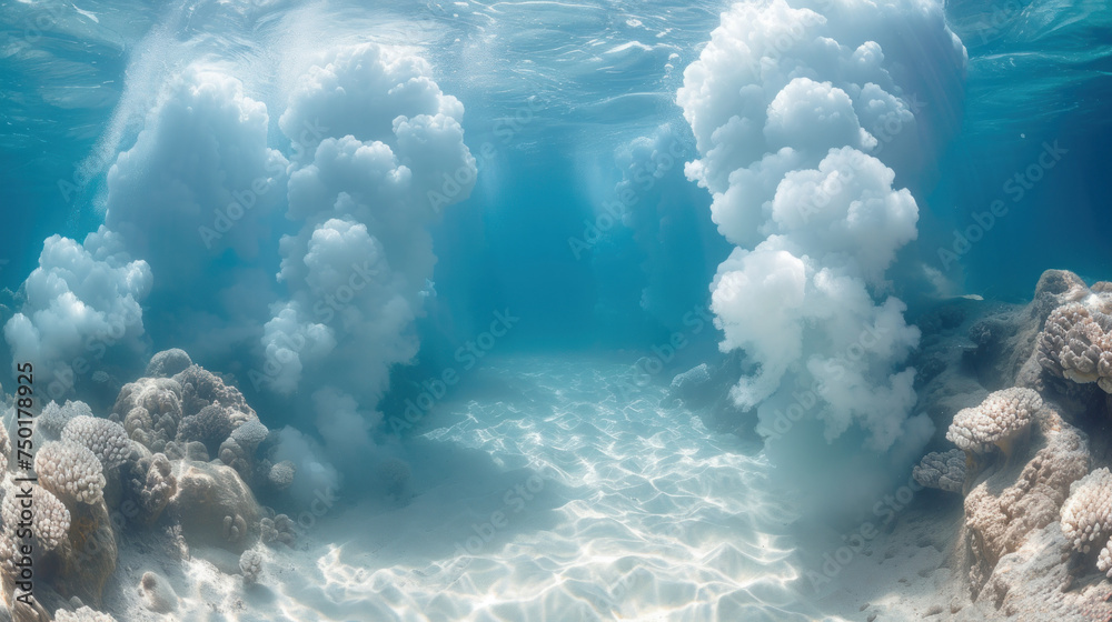  a group of white clouds floating over a blue ocean next to a sandy shore with rocks and corals on the bottom of the water and bottom of the water. - obrazy, fototapety, plakaty 