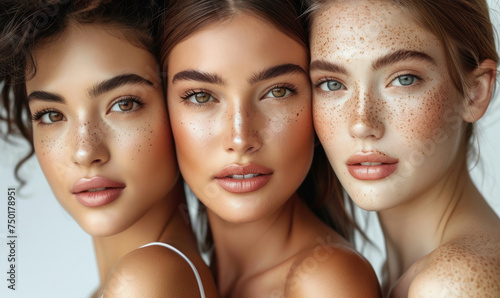 Ritratto di 3 visi di di belle donne con bellezza naturale e pelle liscia e luminosa, scatto di beauty,etnie diverse , sfondo bianco,  photo