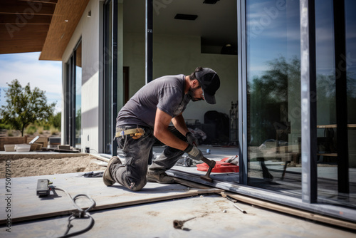 Man fixing glass on a house