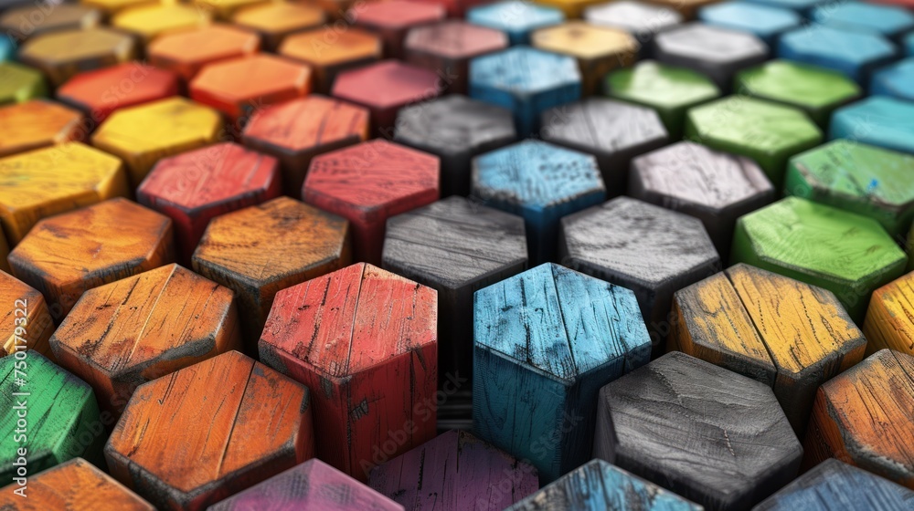 a close up of a multicolored hexagonal pattern made of wooden planks with different colors of paint on the sides of the hexagonals. a close up of a multicolored hexagonal pattern made of wooden planks with different colors of paint on the sides of the hexagonals.